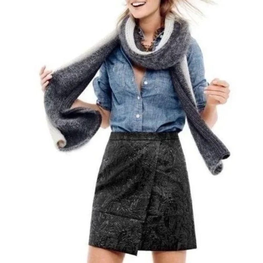 J. Crew Black Metallic Textured Faux Wrap Mini Skirt Women's Size 4